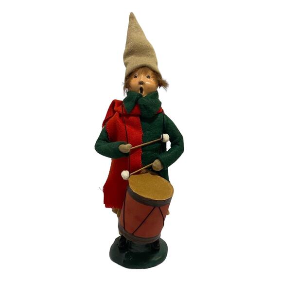 Vintage Byers Choice Caroler 1985 Drummer Boy With Red Scarf And Green Coat - Picture 1 of 8